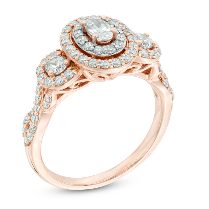 Previously Owned - 1 CT. T.W. Oval Diamond Frame Past Present Future® Engagement Ring in 14K Rose Gold