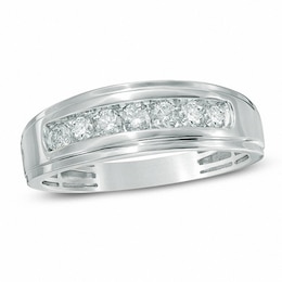 Previously Owned - Men's 1/3 CT. T.W. Diamond Seven Stone Step Edge Anniversary Band in 10K White Gold