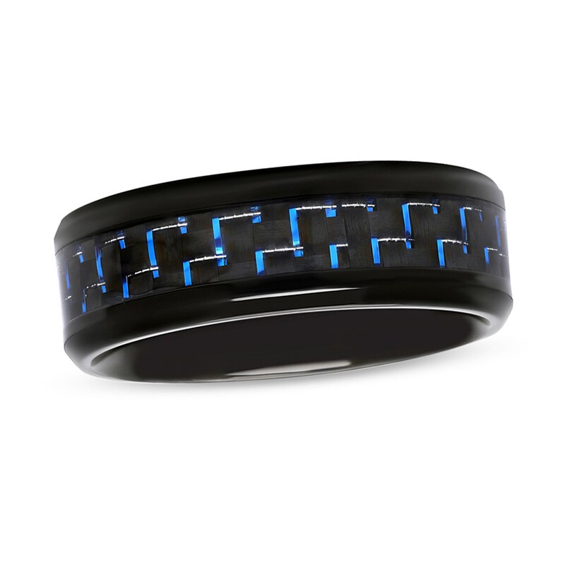 Main Image 1 of Previously Owned - 8.0mm Comfort-Fit Blue Carbon Fiber Inlay Wedding Band in Black IP Stainless Steel