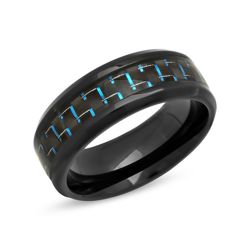 Previously Owned - Men's 8.0mm Comfort-Fit Blue Carbon Fiber Inlay Wedding Band in Black IP Stainless Steel