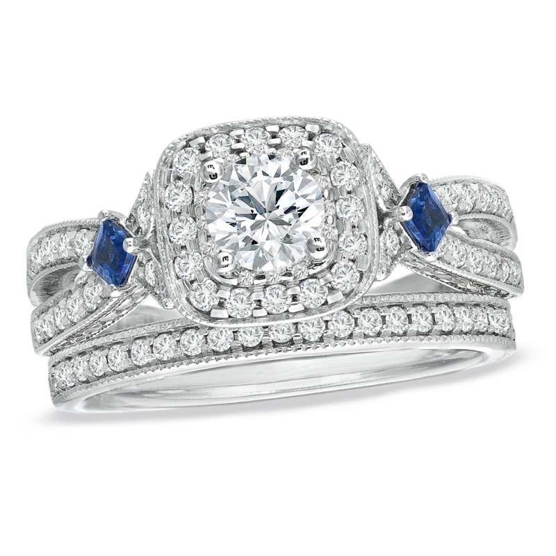 Main Image 1 of Previously Owned - Vera Wang Love Collection 1-1/5 CT. T.W. Diamond and Sapphire Frame Bridal Set in 14K White Gold
