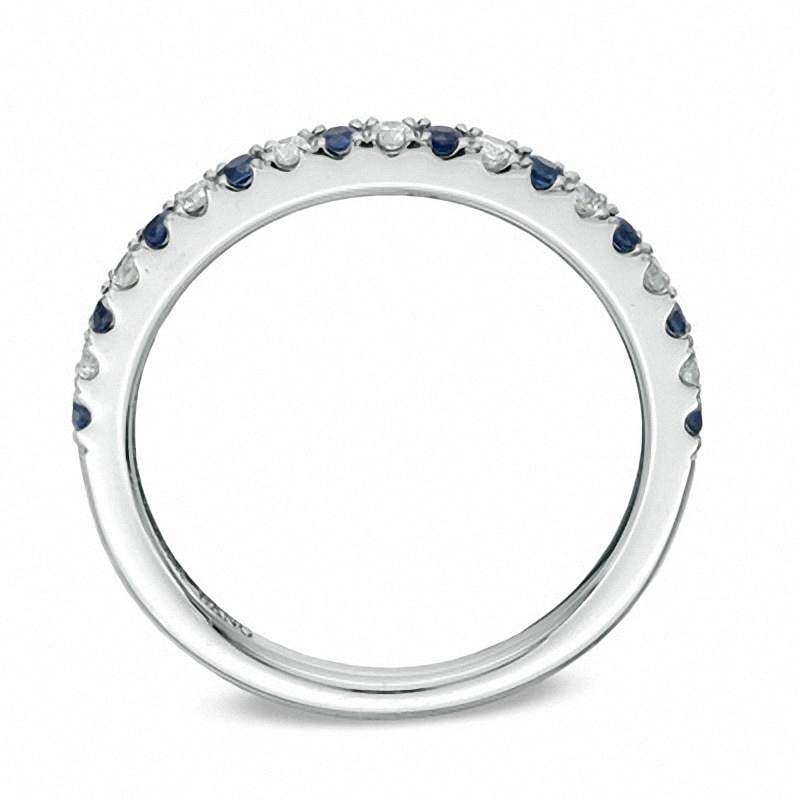 Previously Owned - Vera Wang Love Collection 1/8 CT. T.W. Diamond and Blue Sapphire Wedding Band in 14K White Gold