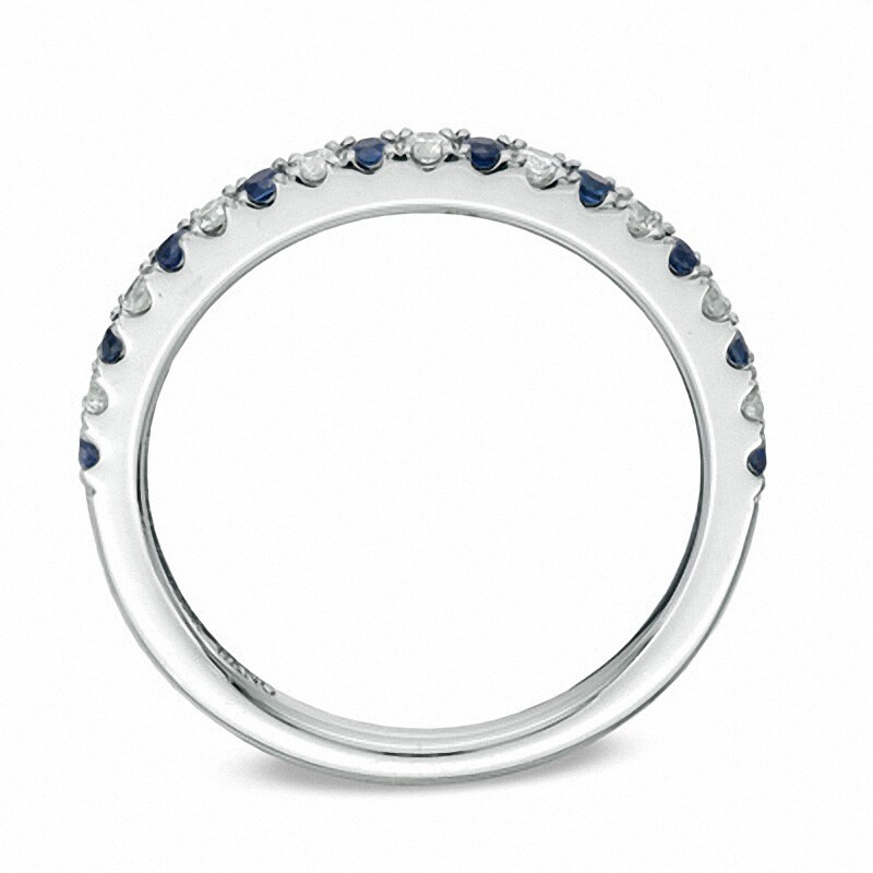 Previously Owned Vera Wang Love Collection 1/8 Diamond and Blue  Sapphire Wedding Band in 14K White Gold