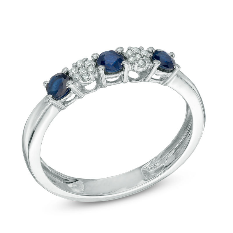 Main Image 2 of Previously Owned - Blue Sapphire and 1/20 CT. T.W. Diamond Three Stone Band in 10K White Gold