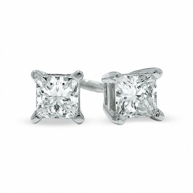 Previously Owned - 1/2 CT. T.W. Princess-Cut Diamond Solitaire Stud Earrings in 14K White Gold