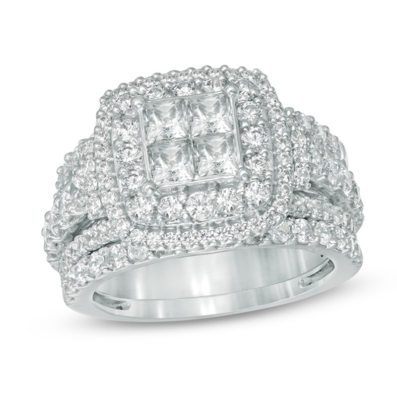 Main Image 1 of Previously Owned - 2-3/4 CT. T.W. Quad Princess-Cut Diamond Frame Three Piece Bridal Set in 14K White Gold