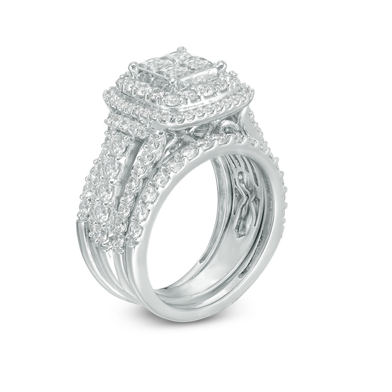 Main Image 2 of Previously Owned - 2-3/4 CT. T.W. Quad Princess-Cut Diamond Frame Three Piece Bridal Set in 14K White Gold