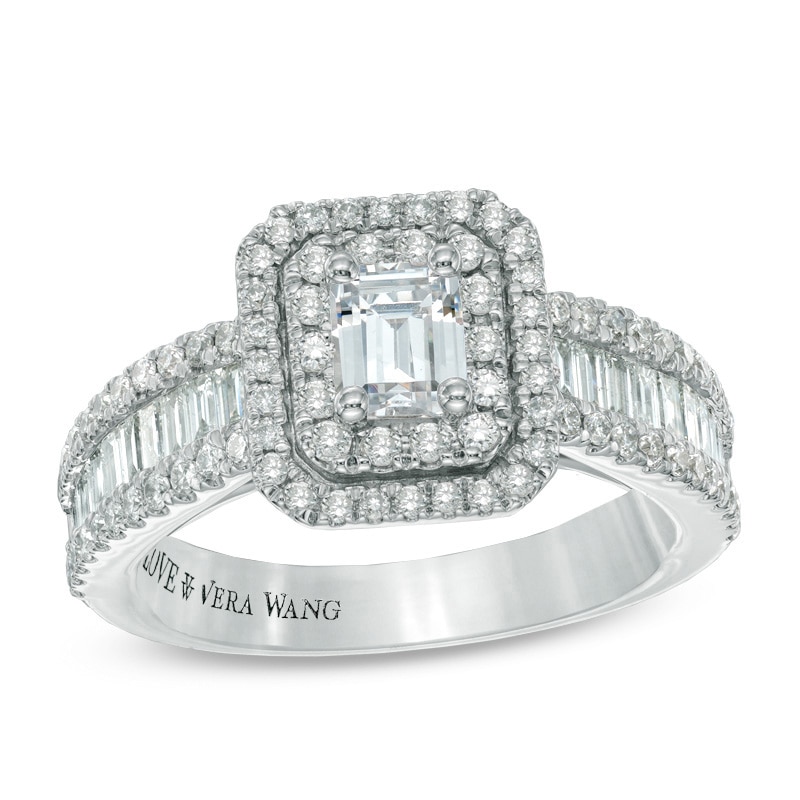 Previously Owned - Vera Wang Love Collection 1-1/2 CT. T.W. Emerald-Cut Diamond Frame Engagement Ring in 14K White Gold