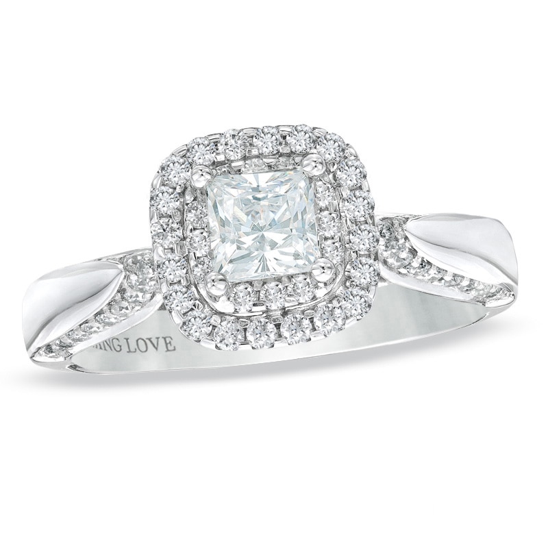 Previously Owned - Vera Wang Love Collection 7/8 CT. T.W. Princess-Cut Diamond Frame Engagement Ring in 14K White Gold