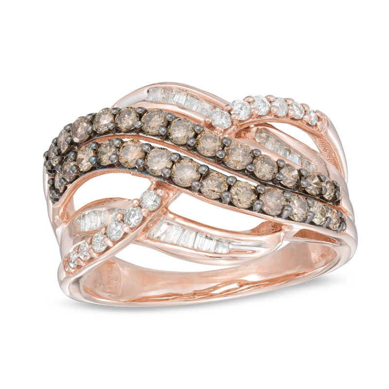 Previously Owned - 1 CT. T.W. Champagne and White Diamond Layered Crossover Ring in 10K Rose Gold