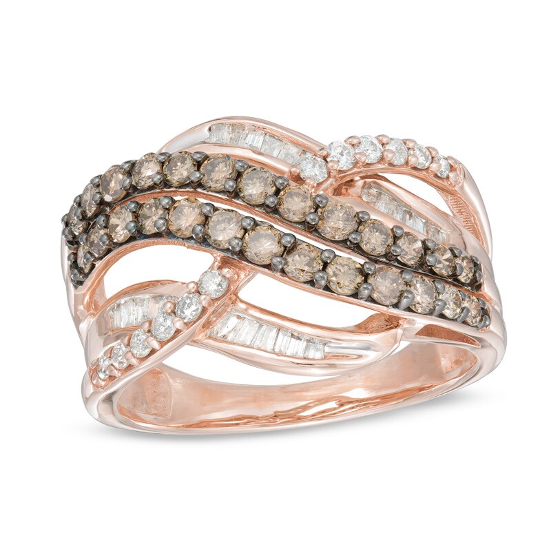 Main Image 1 of Previously Owned - 1 CT. T.W. Champagne and White Diamond Layered Crossover Ring in 10K Rose Gold
