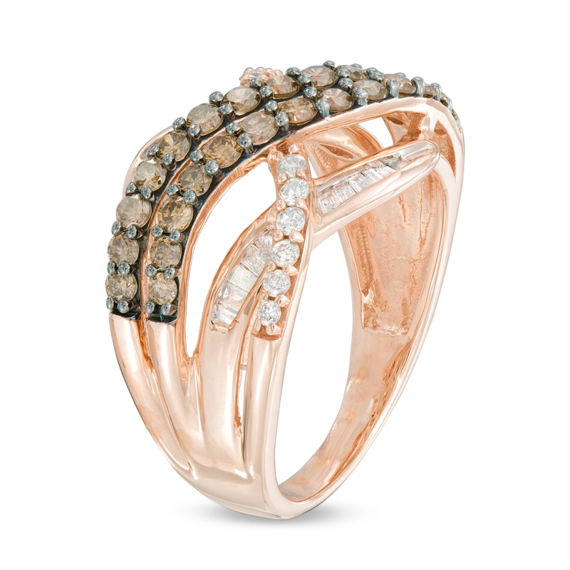 Previously Owned - 1 CT. T.W. Champagne and White Diamond Layered Crossover Ring in 10K Rose Gold