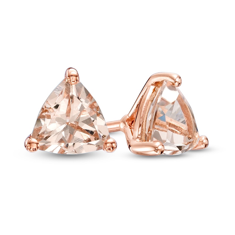 Main Image 1 of Previously Owned - 5.0mm Trillion-Cut Morganite Solitaire Stud Earrings in 10K Rose Gold