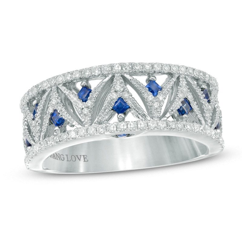 Main Image 1 of Previously Owned - Vera Wang Love Collection 1/3 CT. T.W. Diamond and Blue Sapphire Band in 14K White Gold
