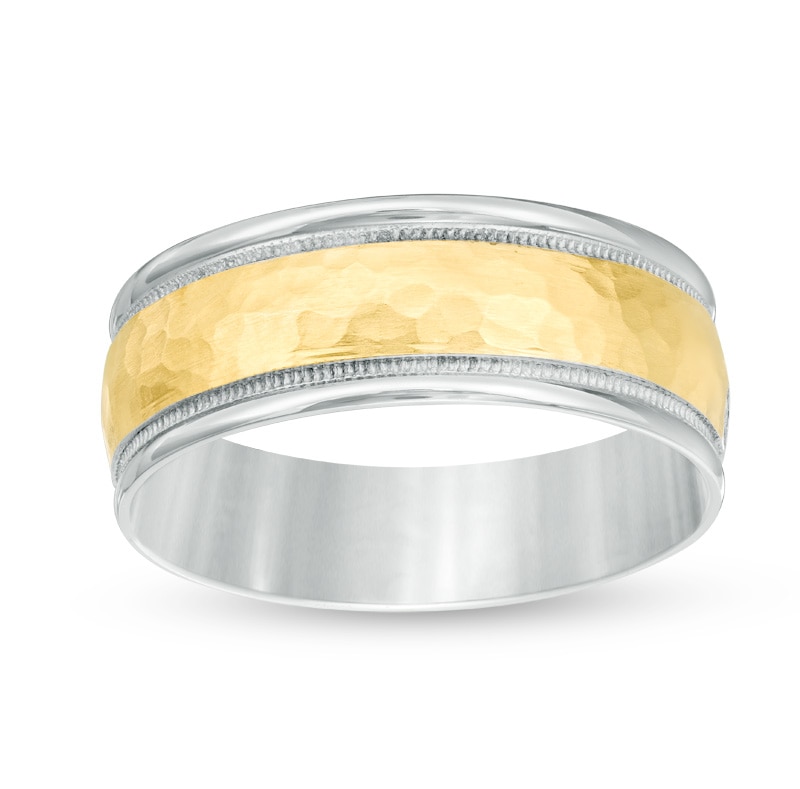 Main Image 1 of Previously Owned - Men's 8.0mm Hammered Milgrain Comfort-Fit Wedding Band in 14K Two-Tone Gold