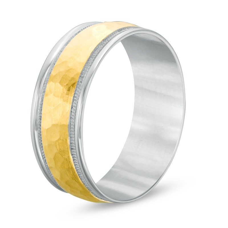 Previously Owned - Men's 8.0mm Hammered Milgrain Comfort-Fit Wedding Band in 14K Two-Tone Gold
