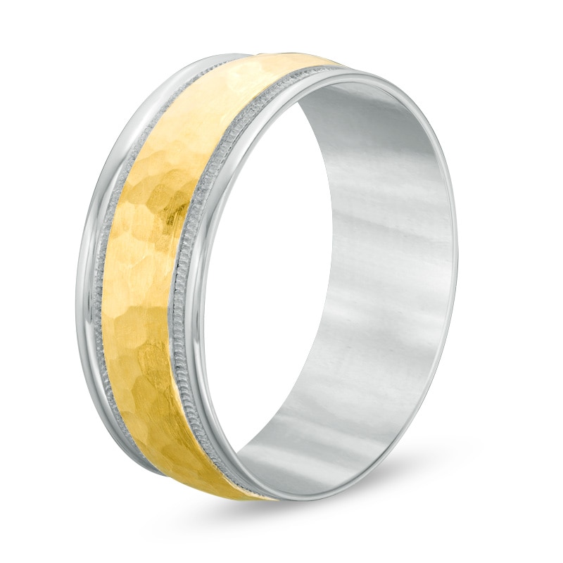 Main Image 2 of Previously Owned - Men's 8.0mm Hammered Milgrain Comfort-Fit Wedding Band in 14K Two-Tone Gold