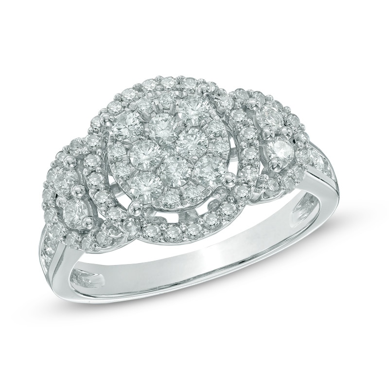 Main Image 1 of Previously Owned - 1 CT. T.W. Diamond Three Stone Cluster Frame Ring in 10K White Gold