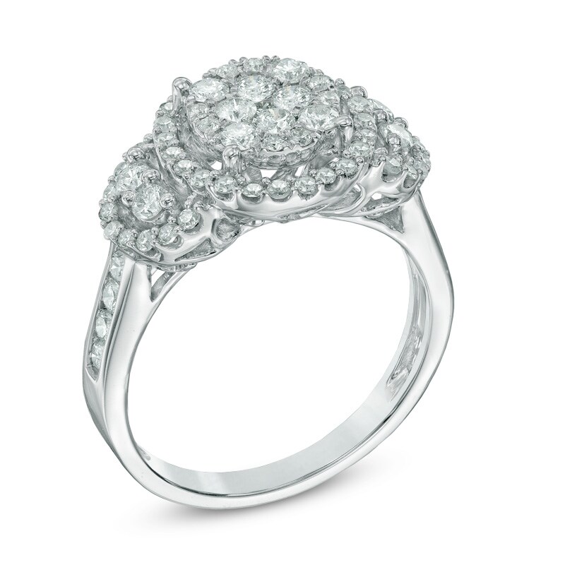 Main Image 2 of Previously Owned - 1 CT. T.W. Diamond Three Stone Cluster Frame Ring in 10K White Gold