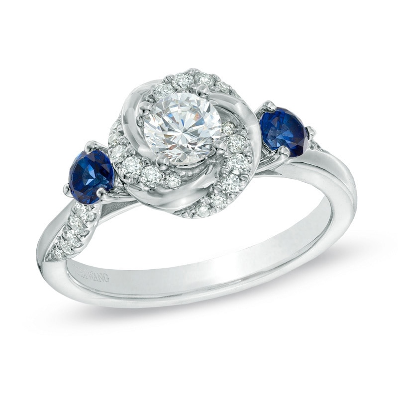 Main Image 1 of Previously Owned - Vera Wang Love Collection 5/8 CT. T.W. Diamond and Blue Sapphire Engagement Ring in 14K White Gold