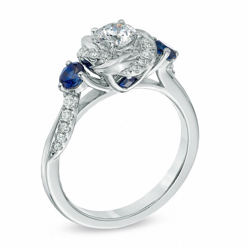 Main Image 2 of Previously Owned - Vera Wang Love Collection 5/8 CT. T.W. Diamond and Blue Sapphire Engagement Ring in 14K White Gold