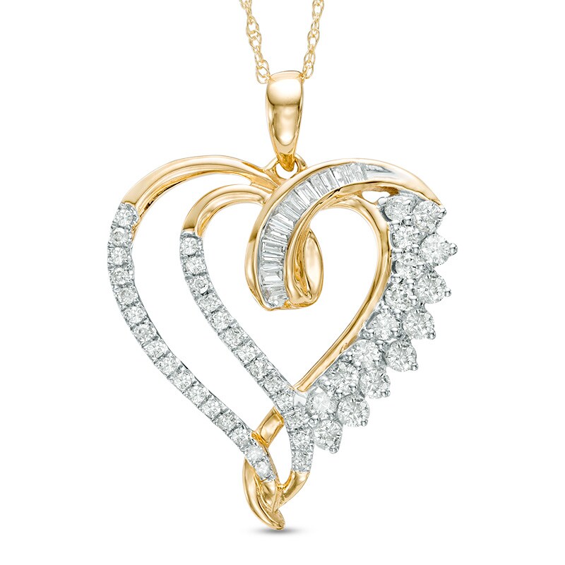 Main Image 1 of Previously Owned - 1/2 CT. T.W. Baguette and Round Diamond Double Heart Swirl Pendant in 10K Gold