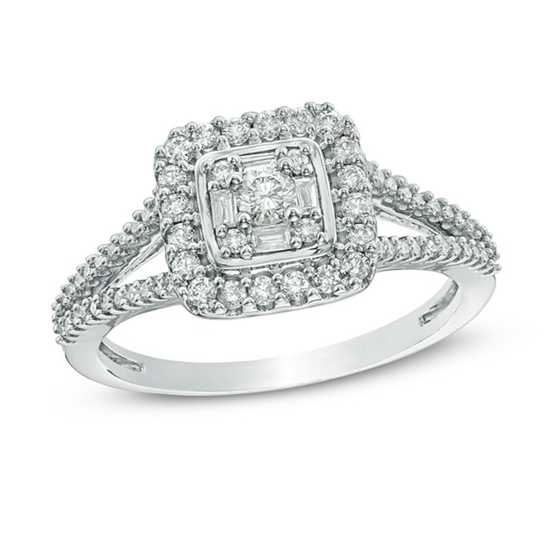 Main Image 1 of Previously Owned - 1/2 CT. T.W. Diamond Square Frame Split Shank Ring in 10K White Gold