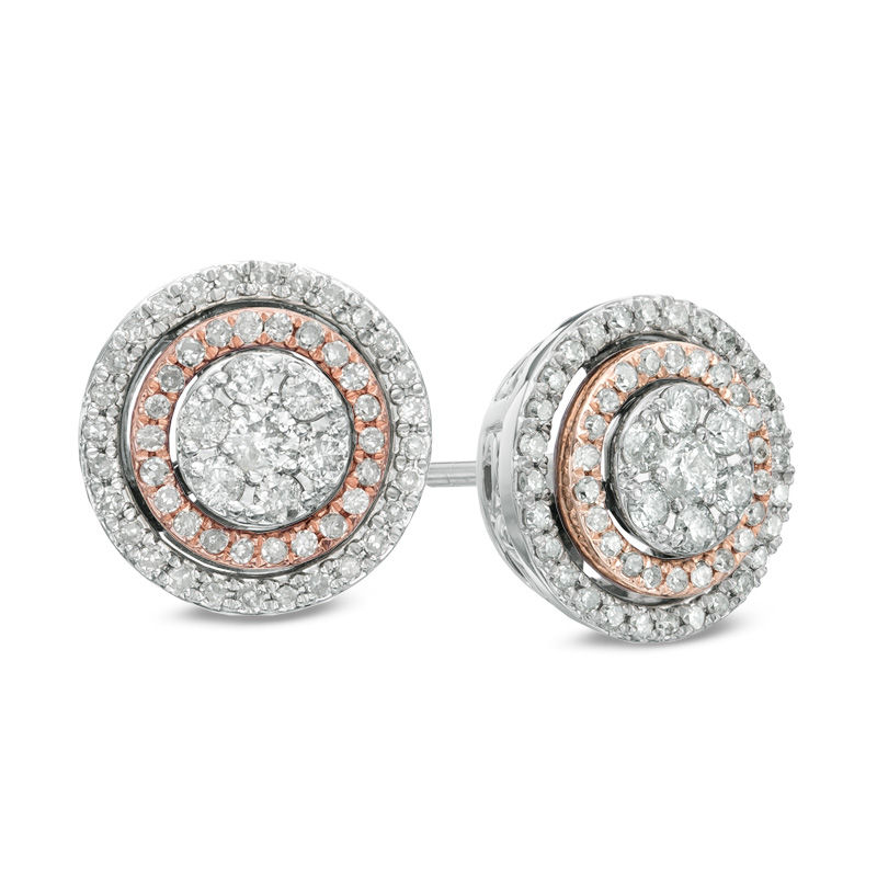 Previously Owned - 1/2 CT. T.W. Diamond Cluster Double Frame Stud Earrings in 10K Two-Tone Gold