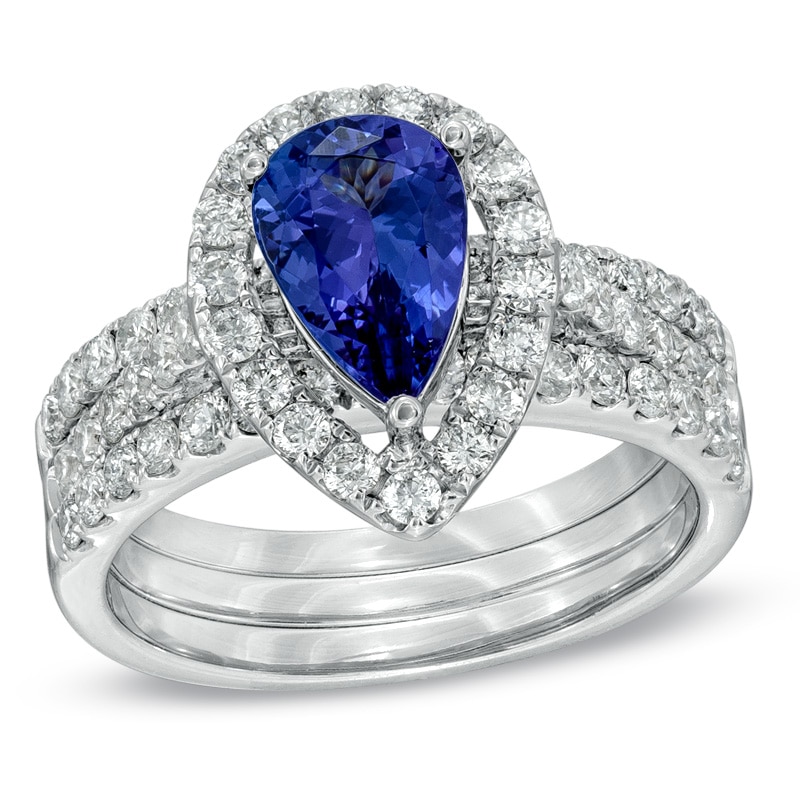 Previously Owned - Pear-Shaped Tanzanite and 1-1/5 CT. T.W. Diamond Three-Piece Bridal Set in 14K White Gold