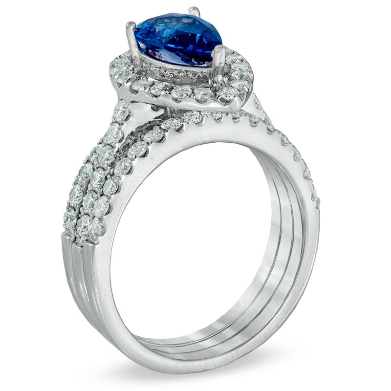 Previously Owned - Pear-Shaped Tanzanite and 1-1/5 CT. T.W. Diamond Three-Piece Bridal Set in 14K White Gold