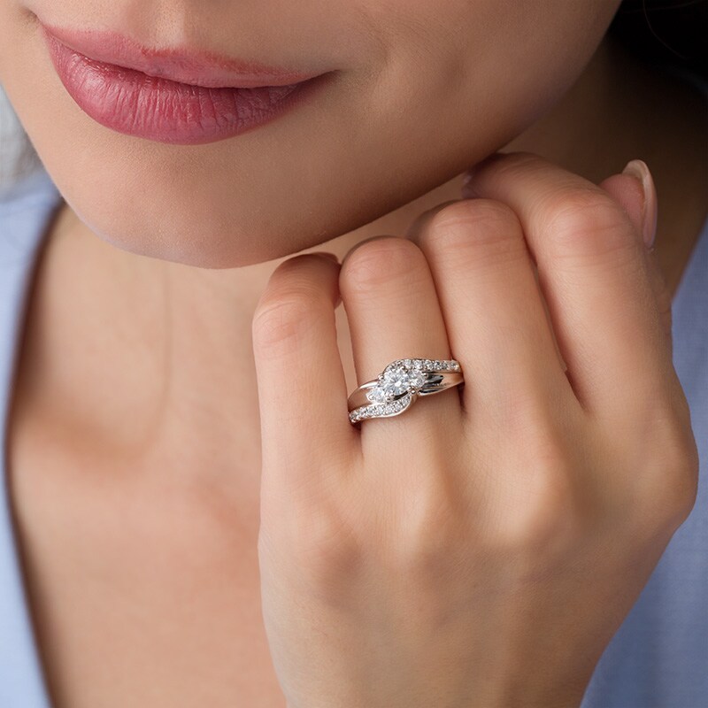 Main Image 3 of Previously Owned - 1 CT. T.W. Diamond Three Stone Swirl Engagement Ring in 14K White Gold