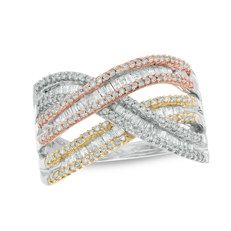 Previously Owned - 3/4 CT. T.W. Round and Baguette Diamond Crossover Ring in 10K Tri-Tone Gold