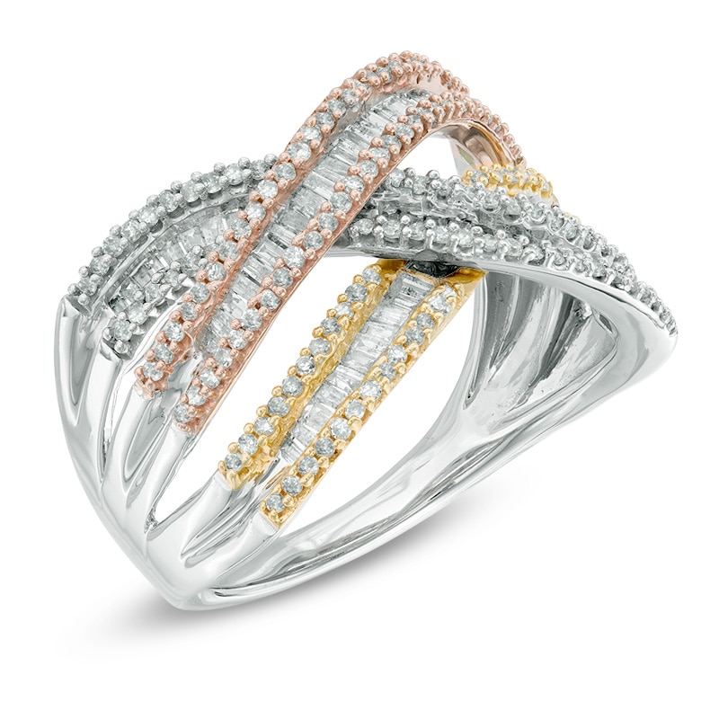 Previously Owned - 3/4 CT. T.W. Round and Baguette Diamond Crossover Ring in 10K Tri-Tone Gold