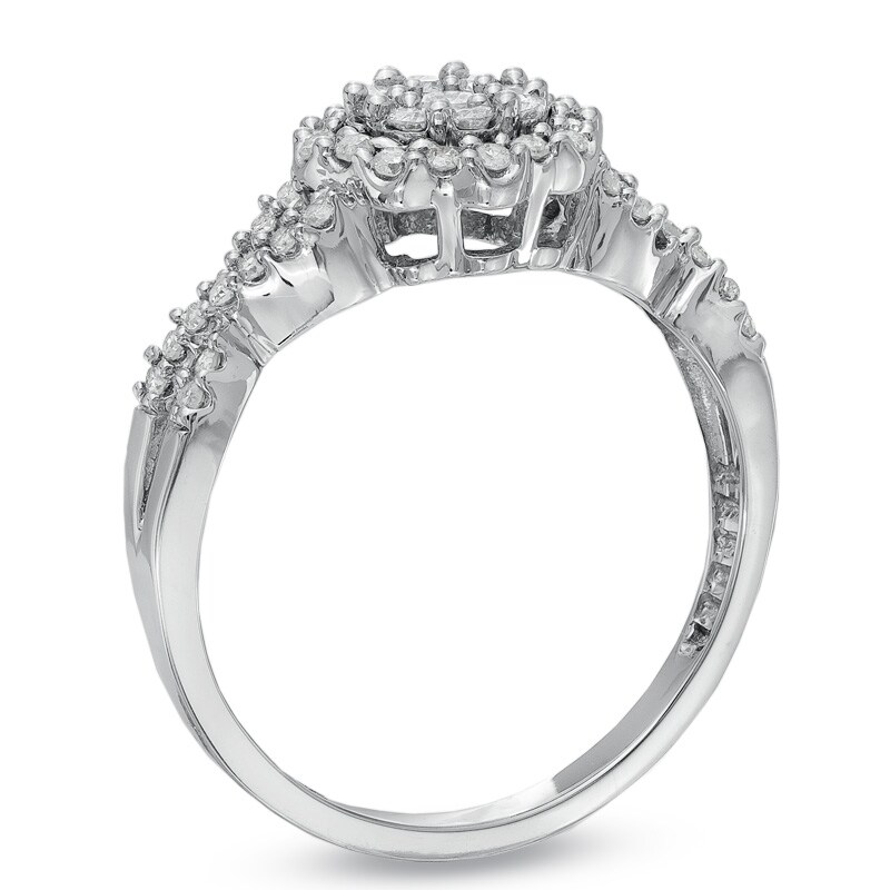 Previously Owned - 1/2 CT. T.W. Diamond Flower Twist Shank Ring in 10K White Gold