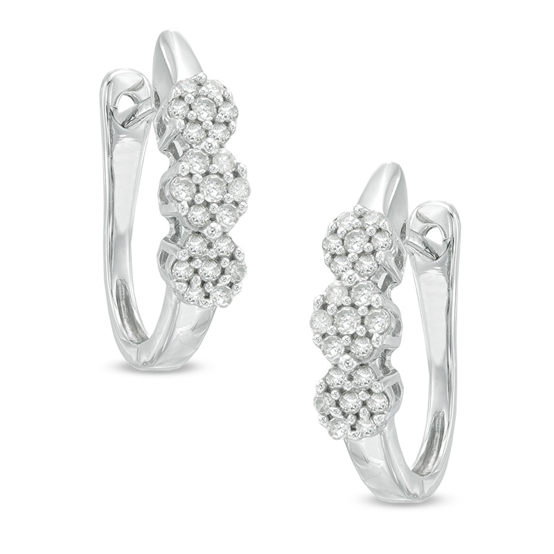 Main Image 1 of Previously Owned - 1/4 CT. T.W. Diamond Three Flower Hoop Earrings in 10K White Gold