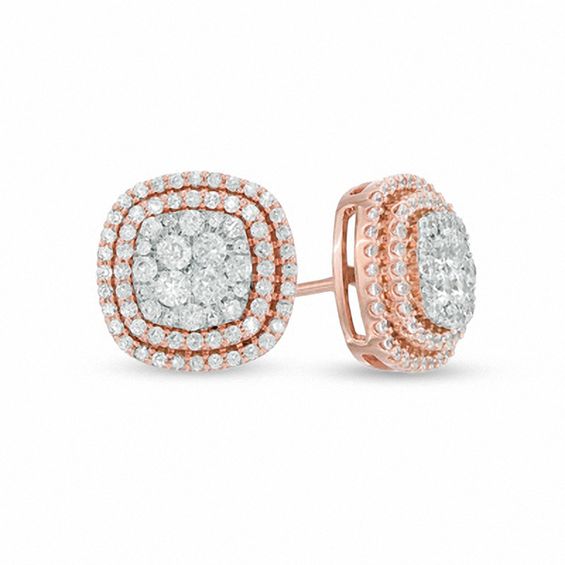 Previously Owned - 1 CT. T.W. Diamond Cluster Frame Stud Earrings in 10K Rose Gold Previously Owned - 1 CT. T.W. Diamond Cluster Frame Stud Earrings in 10K Rose Gold