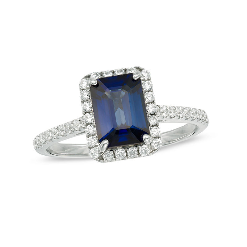 Main Image 1 of Previously Owned - Emerald-Cut Lab-Created Blue and White Sapphire Frame Ring in 10K White Gold