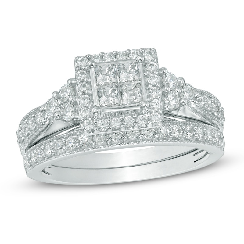 Previously Owned - 1 CT. T.W. Quad Princess-Cut Diamond Frame Tri-Sides Bridal Set in 10K White Gold