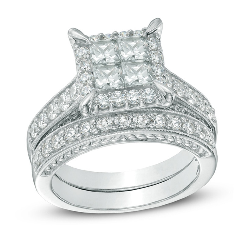 Main Image 1 of Previously Owned - 2 CT. T.W. Princess-Cut Quad Diamond Frame Bridal Set in 14K White Gold