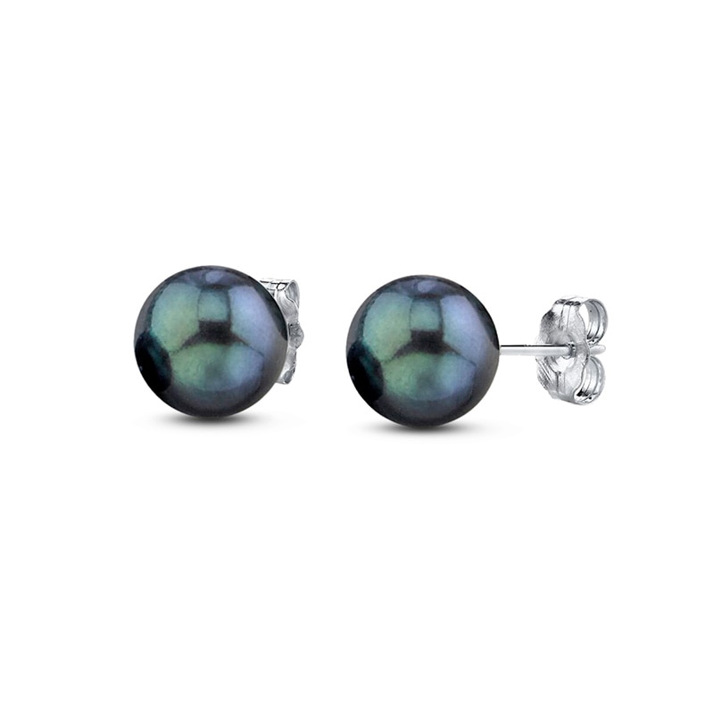 Main Image 1 of Previously Owned-6.0-6.5mm Dyed Black Akoya Cultured Pearl Stud Earrings in 14K White Gold