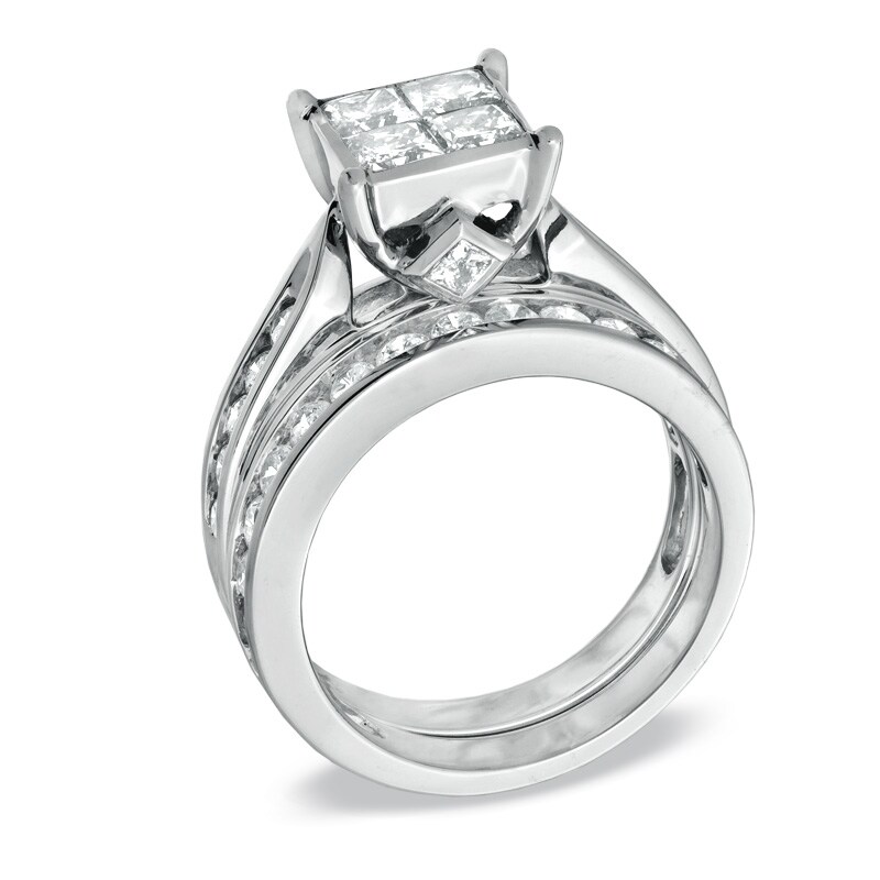 Main Image 2 of Previously Owned - 2 CT. T.W. Princess-Cut Quad Diamond Bridal Set in 14K White Gold