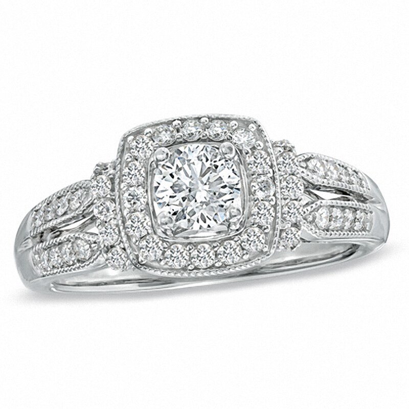 Main Image 1 of Previously Owned - 3/4 CT. T.W. Diamond Vintage-Style Engagement Ring in 14K White Gold
