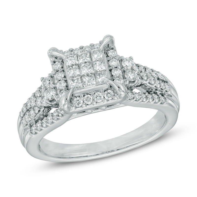Main Image 1 of Previously Owned - 3/4 CT. T.W. Princess-Cut Composite Diamond Frame Engagement Ring in 10K White Gold