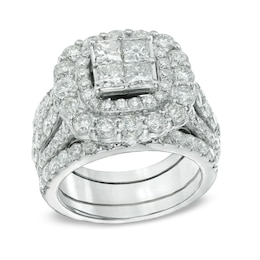 Previously Owned - 5 CT. T.W. Quad Princess-Cut Diamond Double Frame Bridal Set in 14K White Gold
