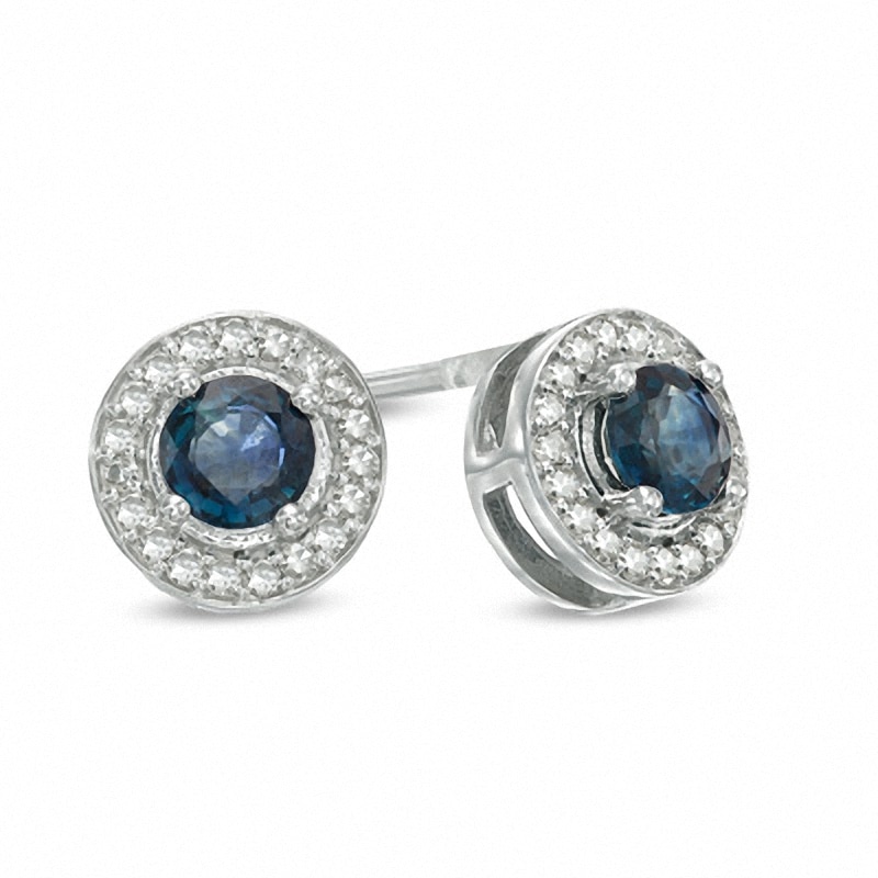 Main Image 1 of Previously Owned - 4.0mm Blue Sapphire and 1/10 CT. T.W. Diamond Frame Stud Earrings in 10K White Gold