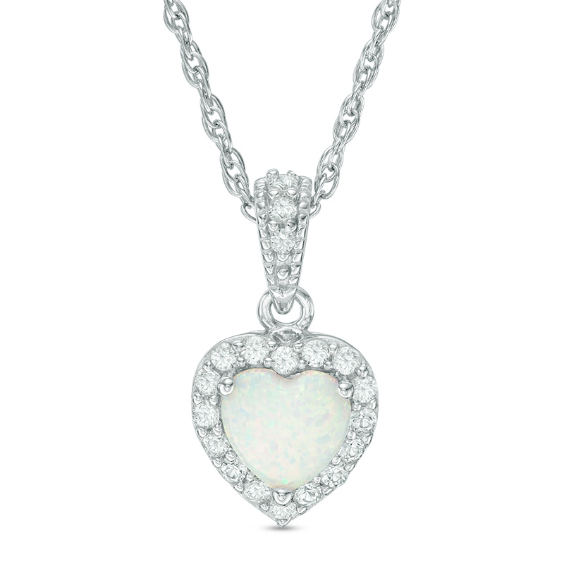 Main Image 1 of Previously Owned - 7.0mm Heart-Shaped Lab-Created Opal and White Sapphire Frame Pendant in Sterling Silver