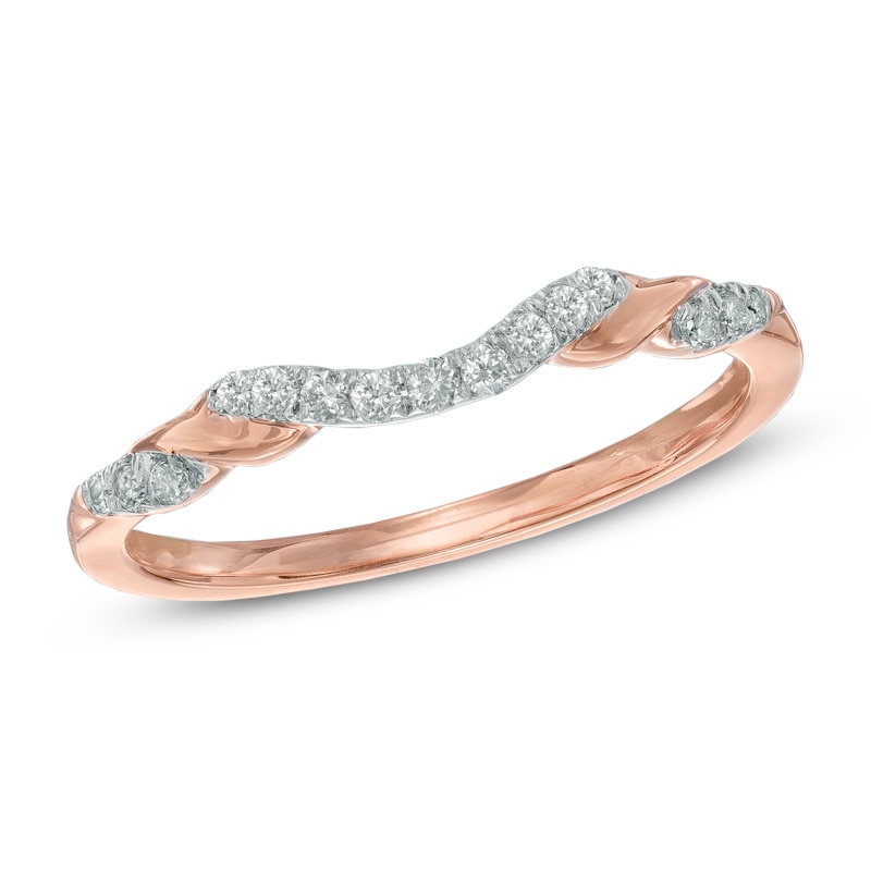 Previously Owned - 1/8 CT. T.W. Diamond Ribbon Wrapped Contour Wedding Band in 14K Rose Gold