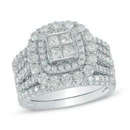 Previously Owned 2-1/2 CT. T.W. Quad Princess-Cut Diamond Double Frame Soldered Bridal Set in 14K White Gold