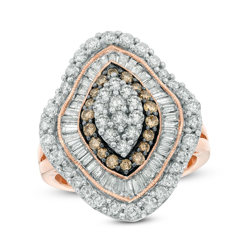 Previously Owned - 2 CT. T.W. Champagne and White Diamond Marquise Cluster Frame Ring in 10K Rose Gold