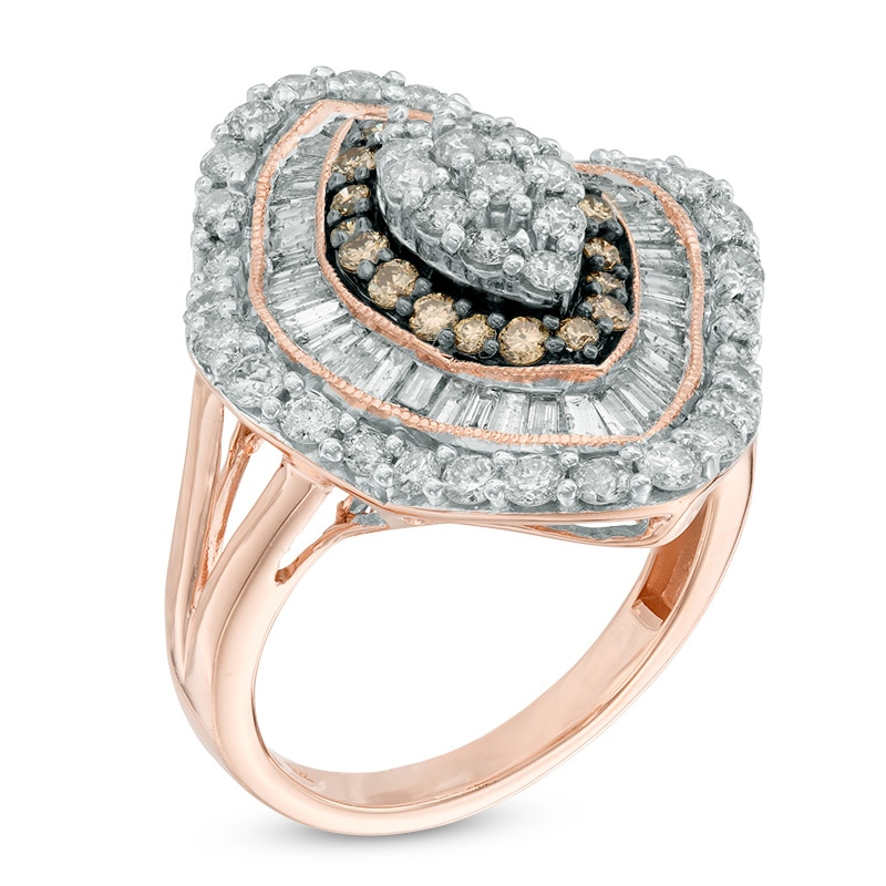 Previously Owned - 2 CT. T.W. Champagne and White Diamond Marquise Cluster Frame Ring in 10K Rose Gold